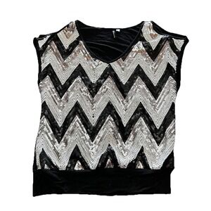 Vintage Y2K Heart Soul Black White Silver Sequins Sleeveless Cold Shoulder Top S